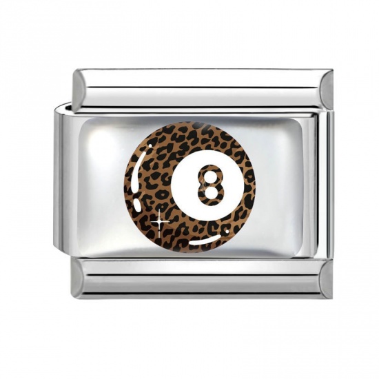 Picture of 1 Piece 304 Stainless Steel Exquisite Italian Charm Links For DIY Bracelet Jewelry Making Silver Tone Brown Rectangle No.8 Billiard Pool Ball 10mm x 9mm