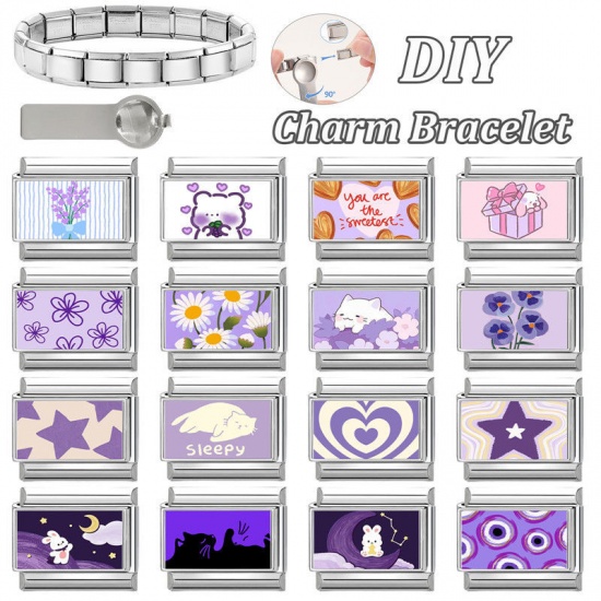 Picture of 1 Piece 304 Stainless Steel Exquisite Italian Charm Links For DIY Bracelet Jewelry Making Silver Tone Purple Rectangle Eye 10mm x 9mm