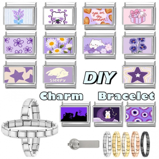 Picture of 1 Piece 304 Stainless Steel Exquisite Italian Charm Links For DIY Bracelet Jewelry Making Silver Tone Purple Rectangle Eye 10mm x 9mm