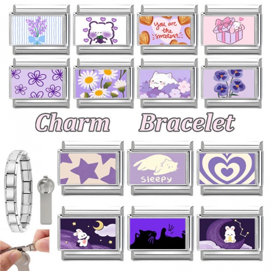 Picture of 1 Piece 304 Stainless Steel Exquisite Italian Charm Links For DIY Bracelet Jewelry Making Silver Tone Purple Rectangle Eye 10mm x 9mm