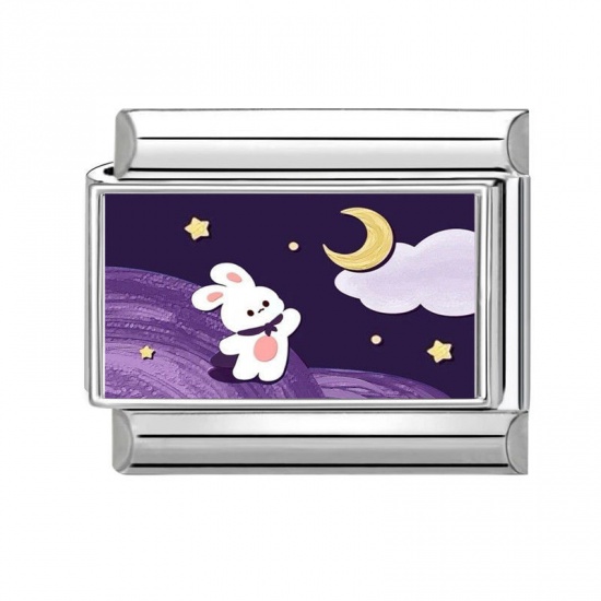Picture of 1 Piece 304 Stainless Steel Exquisite Italian Charm Links For DIY Bracelet Jewelry Making Silver Tone Purple Rectangle Rabbit 10mm x 9mm