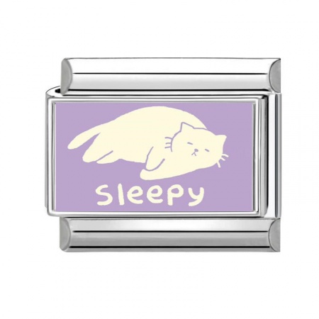 Picture of 1 Piece 304 Stainless Steel Exquisite Italian Charm Links For DIY Bracelet Jewelry Making Silver Tone Purple Rectangle Cat Message " Sleepy " 10mm x 9mm