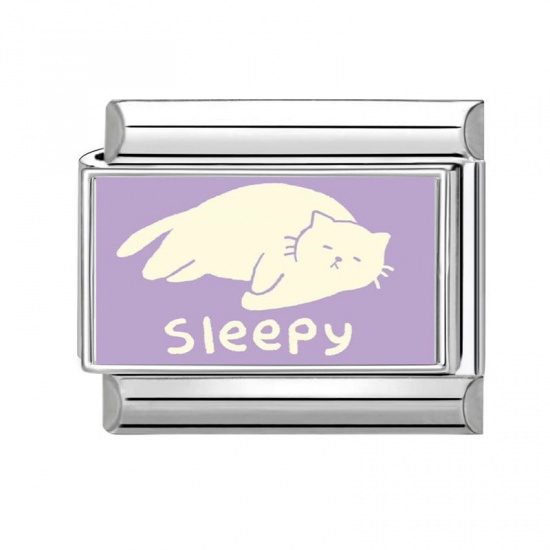 Picture of 1 Piece 304 Stainless Steel Exquisite Italian Charm Links For DIY Bracelet Jewelry Making Silver Tone Purple Rectangle Cat Message " Sleepy " 10mm x 9mm