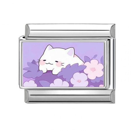 Picture of 1 Piece 304 Stainless Steel Exquisite Italian Charm Links For DIY Bracelet Jewelry Making Silver Tone Purple Rectangle Cat 10mm x 9mm