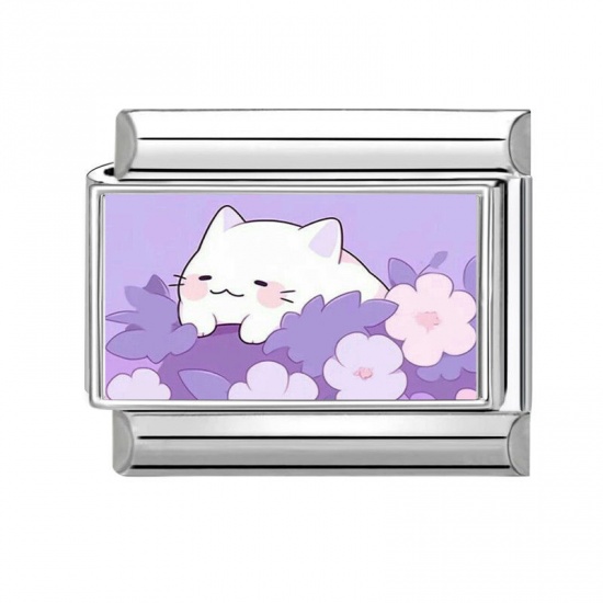 Picture of 1 Piece 304 Stainless Steel Exquisite Italian Charm Links For DIY Bracelet Jewelry Making Silver Tone Purple Rectangle Cat 10mm x 9mm