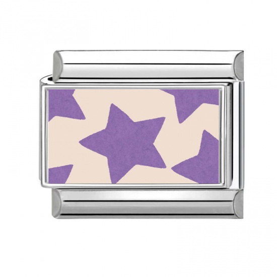 Picture of 1 Piece 304 Stainless Steel Exquisite Italian Charm Links For DIY Bracelet Jewelry Making Silver Tone Purple Rectangle Pentagram Star 10mm x 9mm