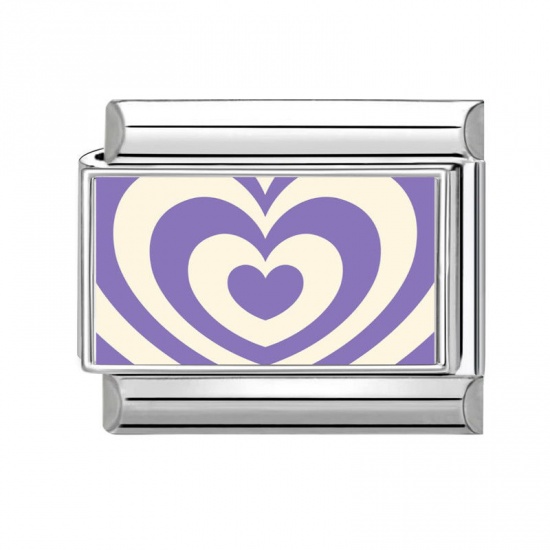 Picture of 1 Piece 304 Stainless Steel Valentine's Day Italian Charm Links For DIY Bracelet Jewelry Making Silver Tone Purple Rectangle Heart 10mm x 9mm