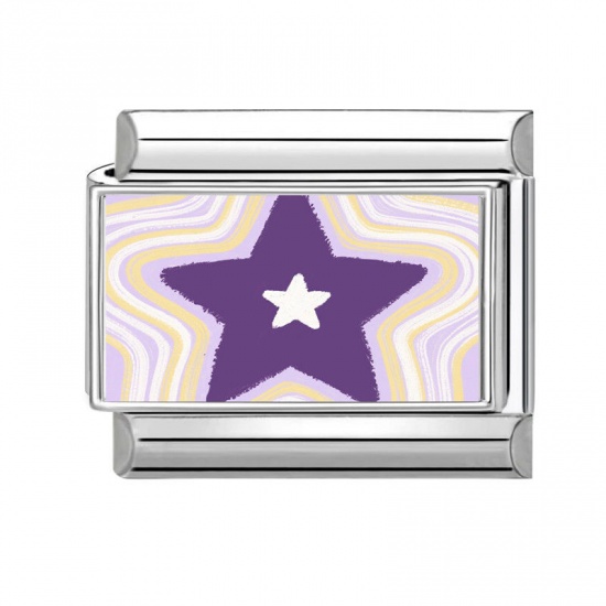Picture of 1 Piece 304 Stainless Steel Exquisite Italian Charm Links For DIY Bracelet Jewelry Making Silver Tone Multicolor Rectangle Pentagram Star 10mm x 9mm