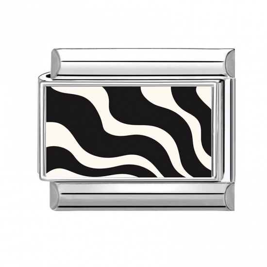 Picture of 1 Piece 304 Stainless Steel Exquisite Italian Charm Links For DIY Bracelet Jewelry Making Silver Tone Black Rectangle Ripple 10mm x 9mm
