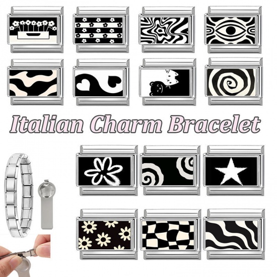 Picture of 1 Piece 304 Stainless Steel Exquisite Italian Charm Links For DIY Bracelet Jewelry Making Silver Tone Black Rectangle Ripple 10mm x 9mm