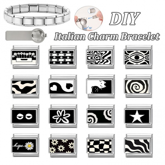 Picture of 1 Piece 304 Stainless Steel Exquisite Italian Charm Links For DIY Bracelet Jewelry Making Silver Tone Black Rectangle Ripple 10mm x 9mm