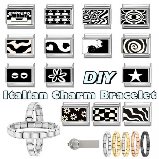 Picture of 1 Piece 304 Stainless Steel Exquisite Italian Charm Links For DIY Bracelet Jewelry Making Silver Tone Black Rectangle Ripple 10mm x 9mm