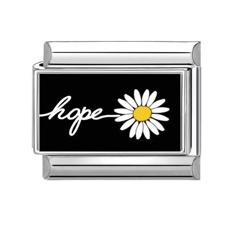 Picture of 1 Piece 304 Stainless Steel Exquisite Italian Charm Links For DIY Bracelet Jewelry Making Silver Tone Black Rectangle Flower Message " Hope " 10mm x 9mm