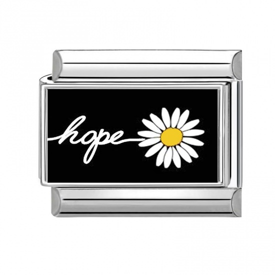 Picture of 1 Piece 304 Stainless Steel Exquisite Italian Charm Links For DIY Bracelet Jewelry Making Silver Tone Black Rectangle Flower Message " Hope " 10mm x 9mm