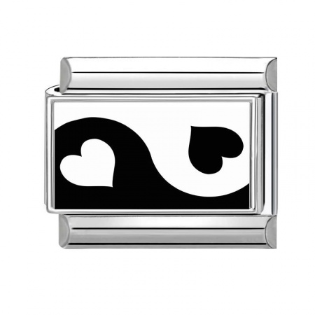 Picture of 1 Piece 304 Stainless Steel Valentine's Day Italian Charm Links For DIY Bracelet Jewelry Making Silver Tone Black Rectangle Heart 10mm x 9mm