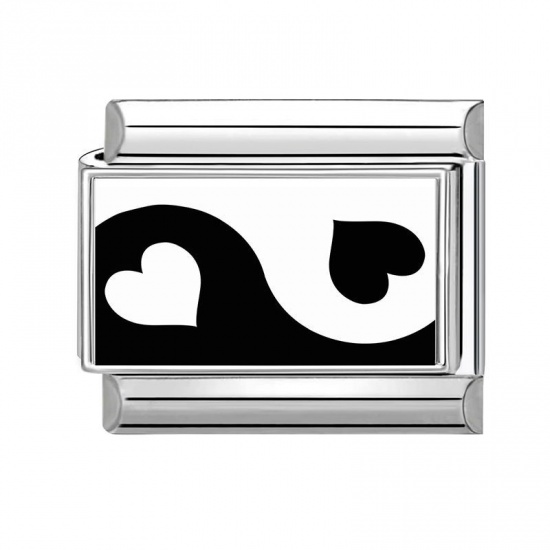 Picture of 1 Piece 304 Stainless Steel Valentine's Day Italian Charm Links For DIY Bracelet Jewelry Making Silver Tone Black Rectangle Heart 10mm x 9mm