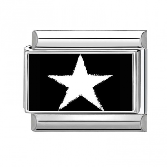 Picture of 1 Piece 304 Stainless Steel Exquisite Italian Charm Links For DIY Bracelet Jewelry Making Silver Tone Black Rectangle Pentagram Star 10mm x 9mm