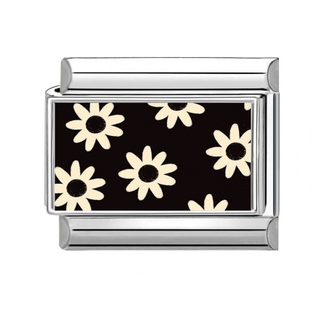 Picture of 1 Piece 304 Stainless Steel Exquisite Italian Charm Links For DIY Bracelet Jewelry Making Silver Tone Black Rectangle Flower 10mm x 9mm