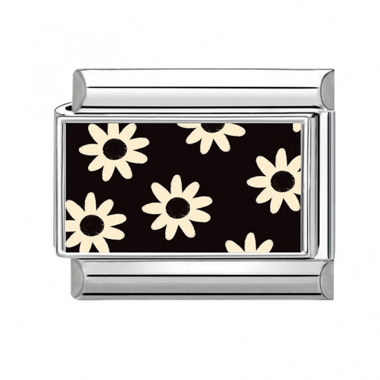 Picture of 1 Piece 304 Stainless Steel Exquisite Italian Charm Links For DIY Bracelet Jewelry Making Silver Tone Black Rectangle Flower 10mm x 9mm