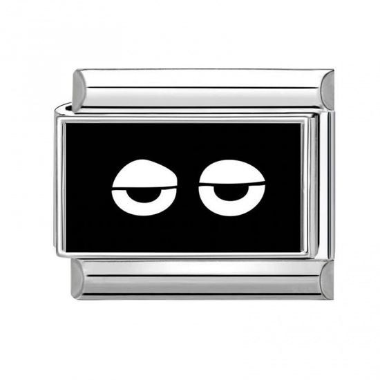 Picture of 1 Piece 304 Stainless Steel Exquisite Italian Charm Links For DIY Bracelet Jewelry Making Silver Tone Black Rectangle Eye 10mm x 9mm