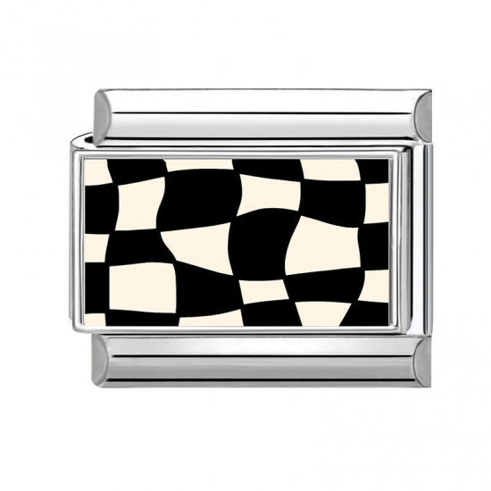 Picture of 1 Piece 304 Stainless Steel Exquisite Italian Charm Links For DIY Bracelet Jewelry Making Silver Tone Black Rectangle Grid Checker 10mm x 9mm