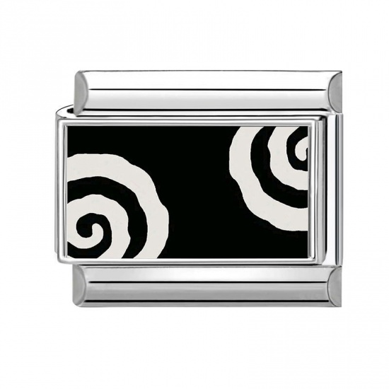 Picture of 1 Piece 304 Stainless Steel Exquisite Italian Charm Links For DIY Bracelet Jewelry Making Silver Tone Black Rectangle Spiral 10mm x 9mm