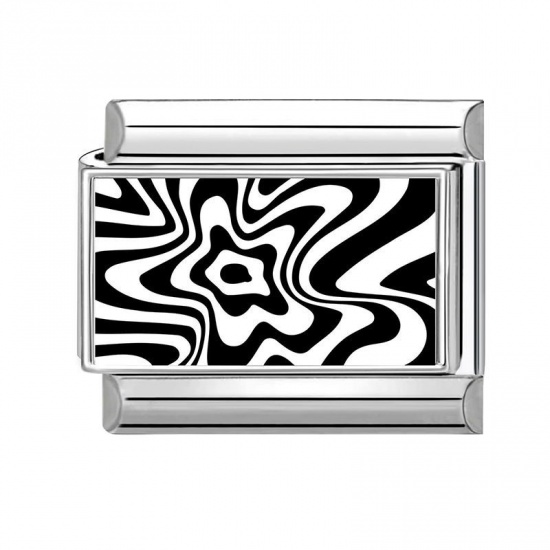 Picture of 1 Piece 304 Stainless Steel Exquisite Italian Charm Links For DIY Bracelet Jewelry Making Silver Tone Black Rectangle Zebra Stripe 10mm x 9mm