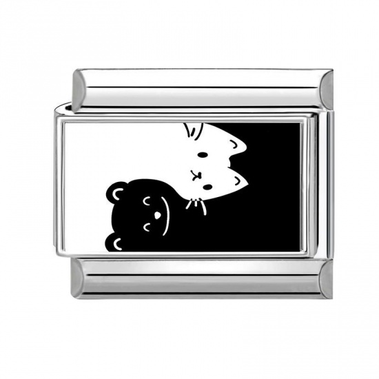 Picture of 1 Piece 304 Stainless Steel Exquisite Italian Charm Links For DIY Bracelet Jewelry Making Silver Tone White Rectangle Cat 10mm x 9mm