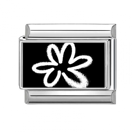 Picture of 1 Piece 304 Stainless Steel Exquisite Italian Charm Links For DIY Bracelet Jewelry Making Silver Tone Black Rectangle Flower 10mm x 9mm