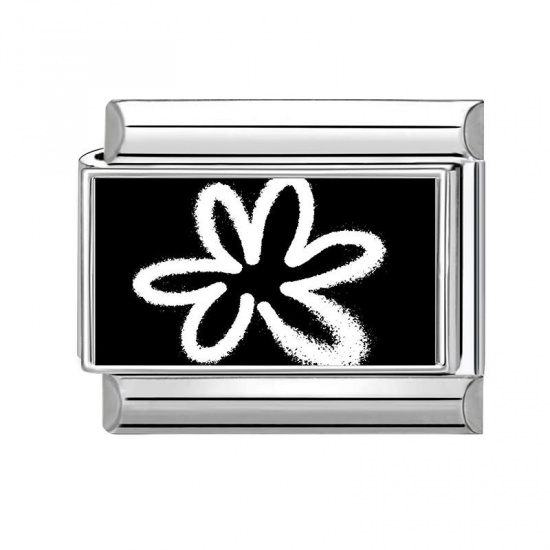 Picture of 1 Piece 304 Stainless Steel Exquisite Italian Charm Links For DIY Bracelet Jewelry Making Silver Tone Black Rectangle Flower 10mm x 9mm
