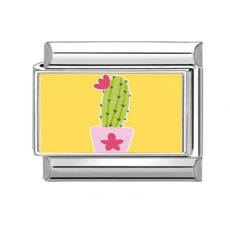Picture of 1 Piece 304 Stainless Steel Italian Charm Links For DIY Bracelet Jewelry Making Silver Tone Multicolor Rectangle Cactus 10mm x 9mm