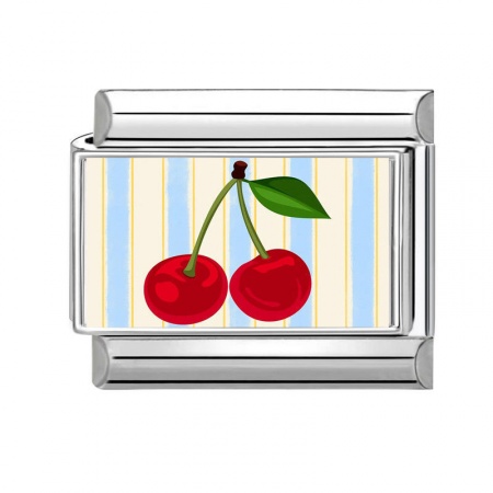 Picture of 1 Piece 304 Stainless Steel Italian Charm Links For DIY Bracelet Jewelry Making Silver Tone Multicolor Rectangle Cherry Fruit 10mm x 9mm