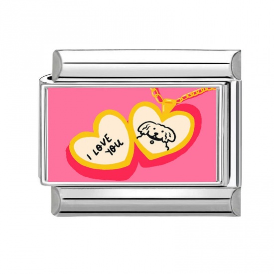 Picture of 1 Piece 304 Stainless Steel Valentine's Day Italian Charm Links For DIY Bracelet Jewelry Making Silver Tone Multicolor Rectangle Heart Message " I Love you " 10mm x 9mm
