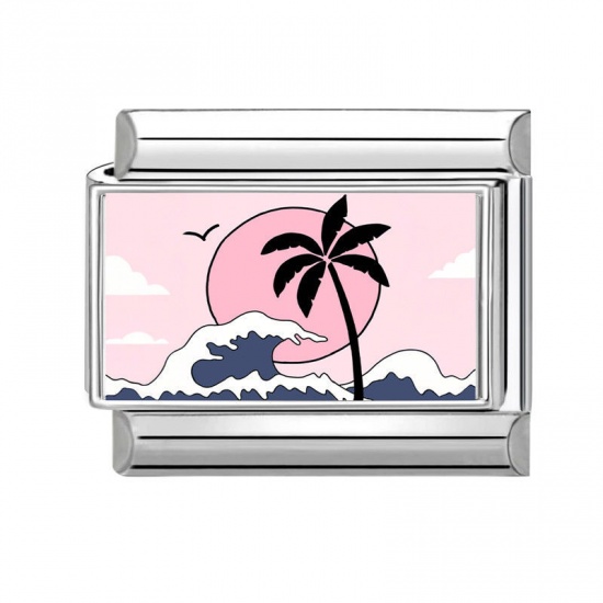 Picture of 1 Piece 304 Stainless Steel Italian Charm Links For DIY Bracelet Jewelry Making Silver Tone Multicolor Rectangle Coconut Palm Tree 10mm x 9mm
