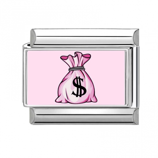 Picture of 1 Piece 304 Stainless Steel Italian Charm Links For DIY Bracelet Jewelry Making Silver Tone Pink Rectangle Money Sign 10mm x 9mm