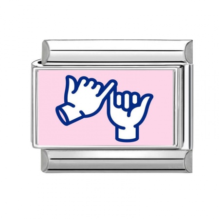 Picture of 1 Piece 304 Stainless Steel Italian Charm Links For DIY Bracelet Jewelry Making Silver Tone Pink Rectangle Hand 10mm x 9mm