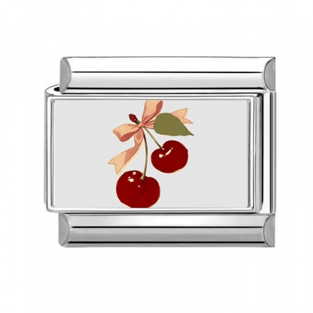 Picture of 1 Piece 304 Stainless Steel Italian Charm Links For DIY Bracelet Jewelry Making Silver Tone Red Rectangle Cherry Fruit 10mm x 9mm