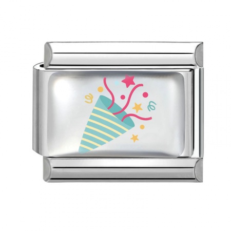 Picture of 1 Piece 304 Stainless Steel Italian Charm Links For DIY Bracelet Jewelry Making Silver Tone Multicolor Rectangle Confetti Popper 10mm x 9mm