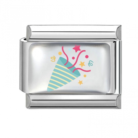 Picture of 1 Piece 304 Stainless Steel Italian Charm Links For DIY Bracelet Jewelry Making Silver Tone Multicolor Rectangle Confetti Popper 10mm x 9mm