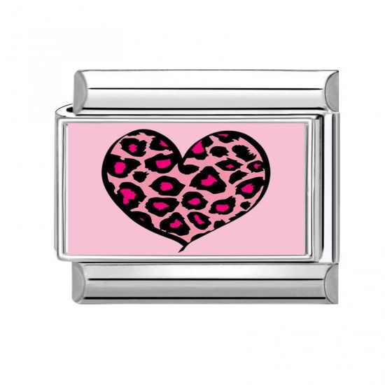 Picture of 1 Piece 304 Stainless Steel Valentine's Day Italian Charm Links For DIY Bracelet Jewelry Making Silver Tone Pink Rectangle Heart 10mm x 9mm