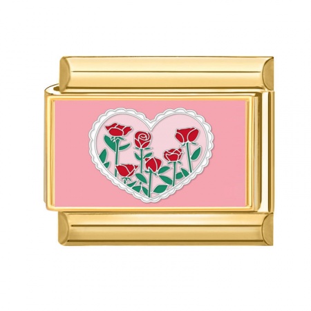 Picture of 1 Piece 304 Stainless Steel Valentine's Day Italian Charm Links For DIY Bracelet Jewelry Making Gold Plated Multicolor Rectangle Flower 10mm x 9mm