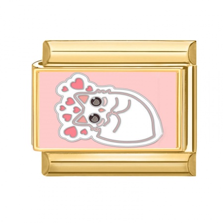 Picture of 1 Piece 304 Stainless Steel Italian Charm Links For DIY Bracelet Jewelry Making Gold Plated Pink Rectangle Cat 10mm x 9mm