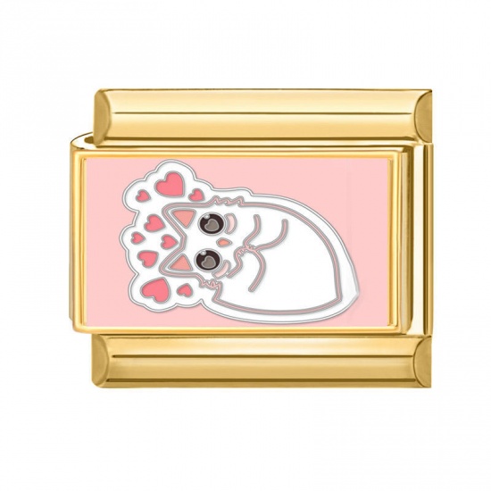 Picture of 1 Piece 304 Stainless Steel Italian Charm Links For DIY Bracelet Jewelry Making Gold Plated Pink Rectangle Cat 10mm x 9mm