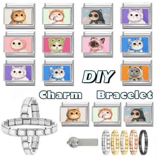 Picture of 1 Piece 304 Stainless Steel Italian Charm Links For DIY Bracelet Jewelry Making Silver Tone Multicolor Rectangle Cat 10mm x 9mm