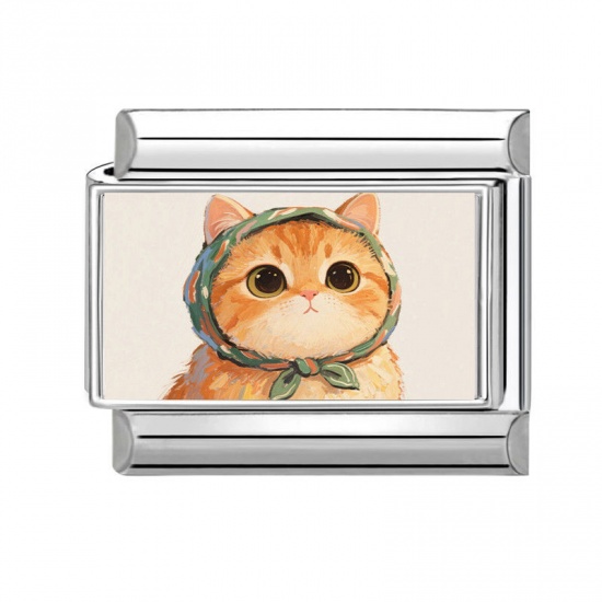 Picture of 1 Piece 304 Stainless Steel Italian Charm Links For DIY Bracelet Jewelry Making Silver Tone Multicolor Rectangle Cat 10mm x 9mm