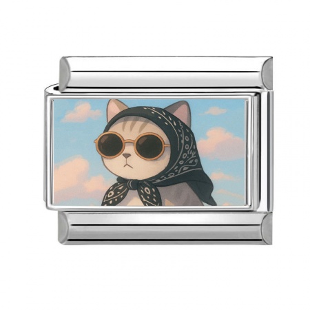 Picture of 1 Piece 304 Stainless Steel Italian Charm Links For DIY Bracelet Jewelry Making Silver Tone Multicolor Rectangle Cat 10mm x 9mm