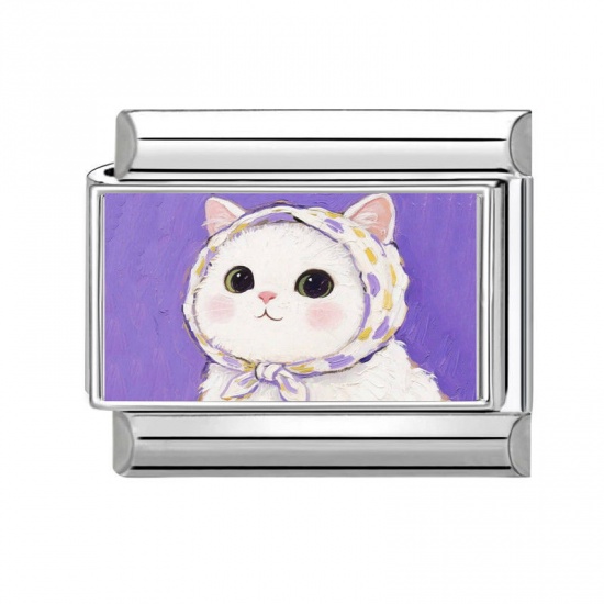 Picture of 1 Piece 304 Stainless Steel Italian Charm Links For DIY Bracelet Jewelry Making Silver Tone Multicolor Rectangle Cat 10mm x 9mm