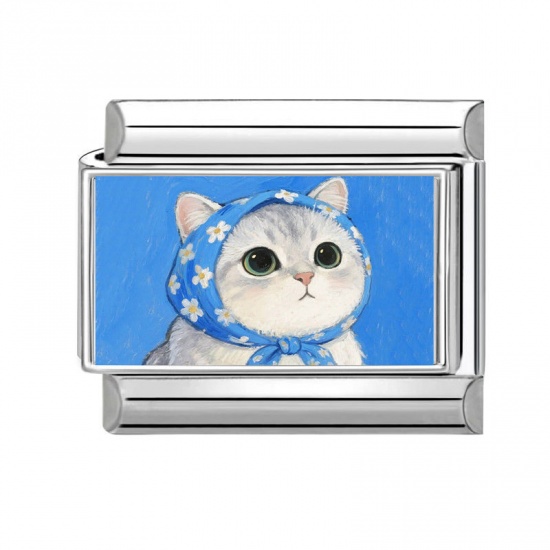 Picture of 1 Piece 304 Stainless Steel Italian Charm Links For DIY Bracelet Jewelry Making Silver Tone Multicolor Rectangle Cat 10mm x 9mm