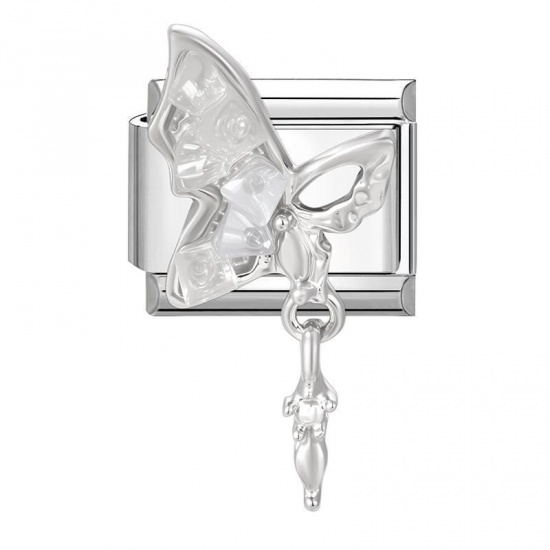 Picture of 1 Piece 304 Stainless Steel Italian Charm Links For DIY Modular Bracelet Watch Jewelry Making Wholesale Silver Tone Rectangle Butterfly 10mm x 9mm