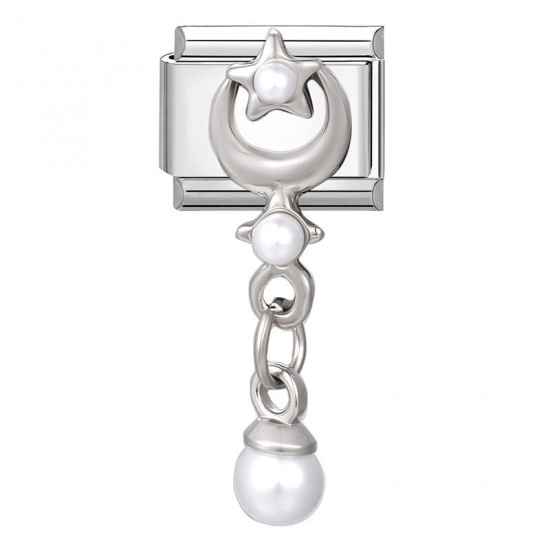Picture of 1 Piece 304 Stainless Steel Italian Charm Links For DIY Bracelet Jewelry Making Wholesale Silver Tone Rectangle Pentagram Star 10mm x 9mm